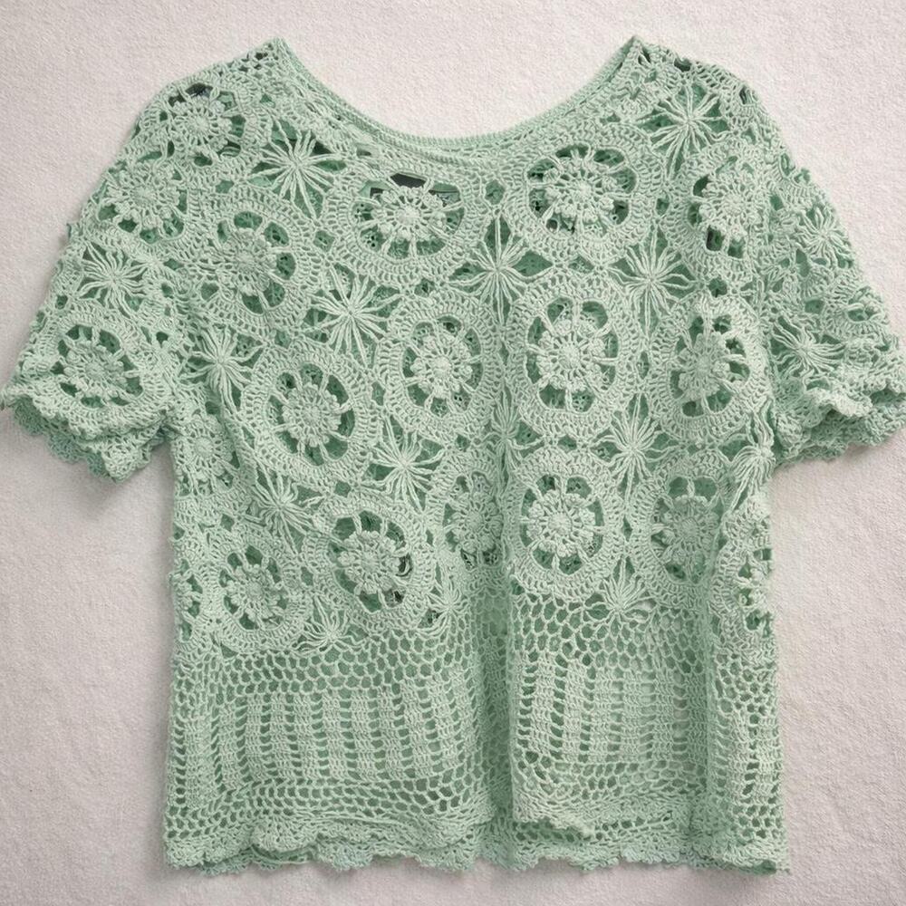 Whimsycal Fairycore boho romantic knit mint green pastel open knit crochet top L